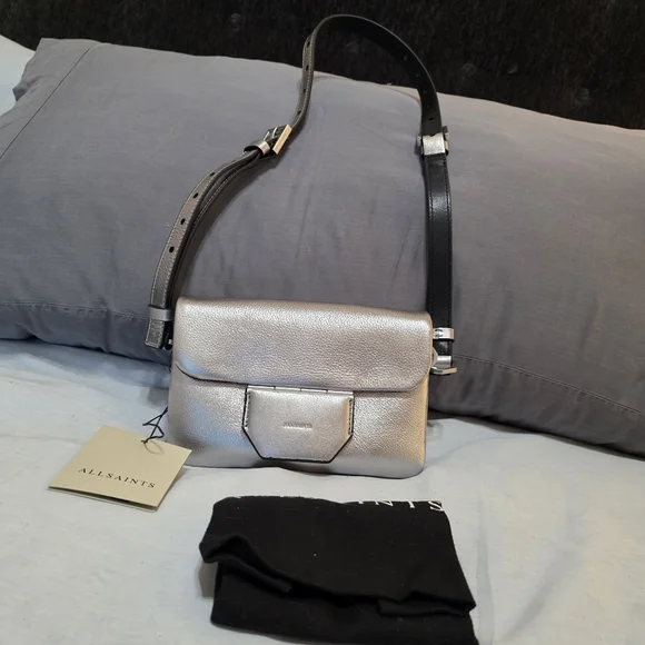 NWT AllSaints Jupiter Metallic Leather Crossbody Bag - Picture 2 of 14